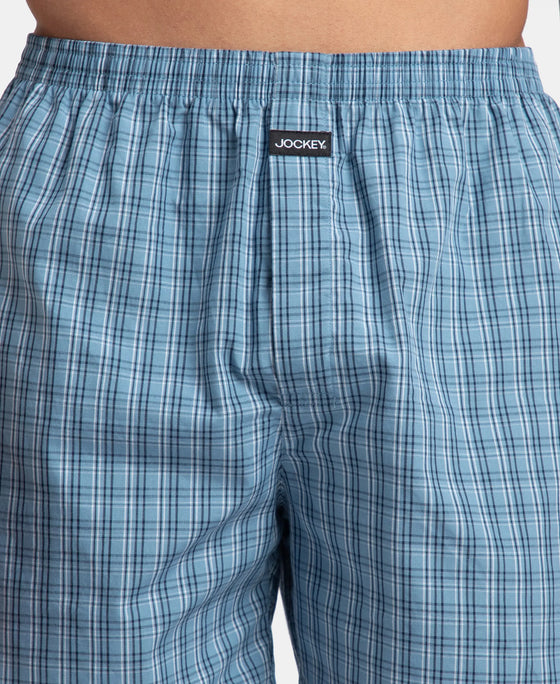 Super Combed Mercerized Cotton Woven Checkered Boxer Shorts with Back Pocket - Navy & Blue Shadow (Pack of 2)