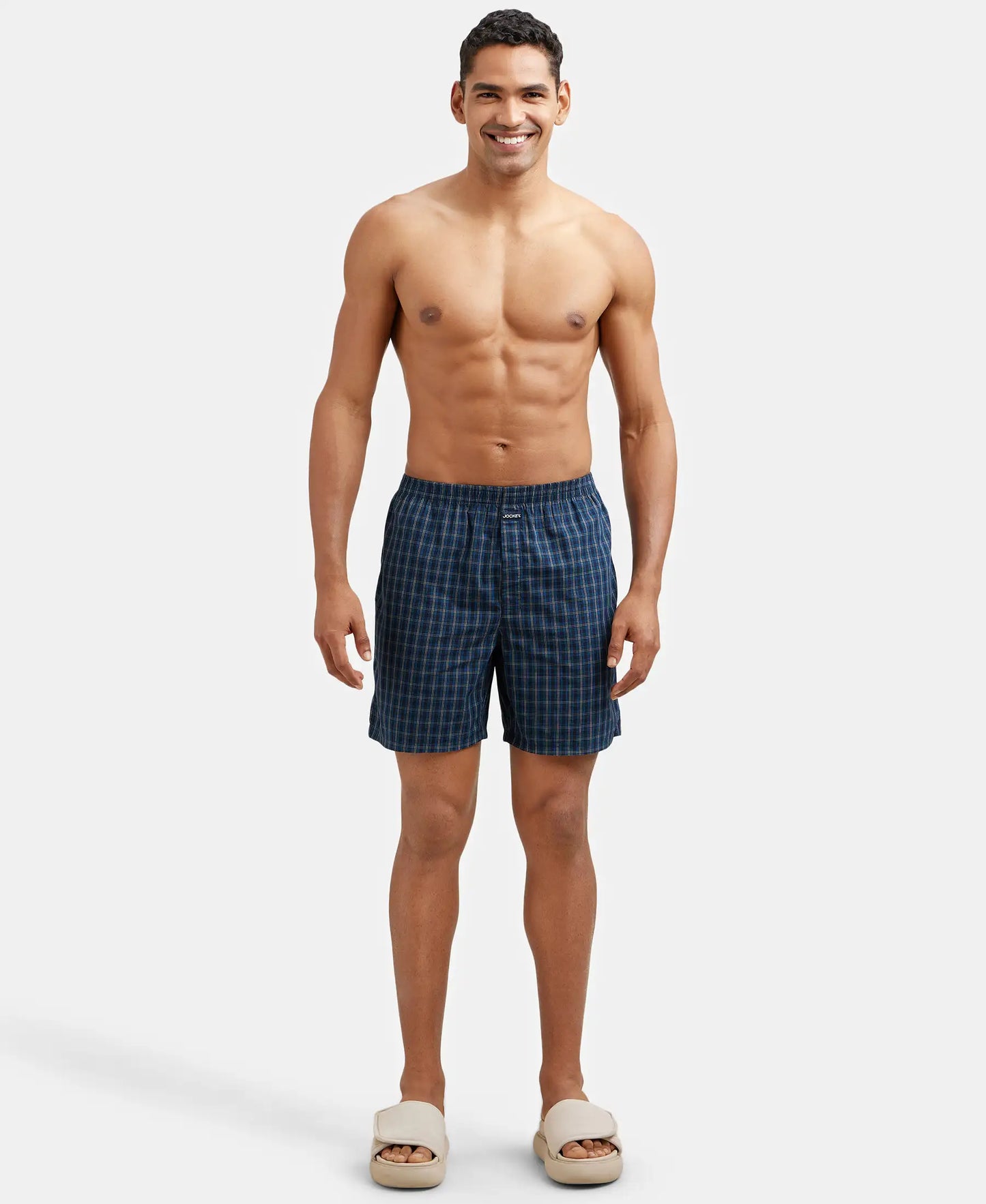 Super Combed Mercerized Cotton Woven Checkered Boxer Shorts with Side Pocket - Navy(Pack of 2)