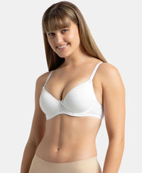Under-Wired Padded Super Combed Cotton Elastane Stretch Medium Coverage T-Shirt Bra with Detachable Straps - White-2
