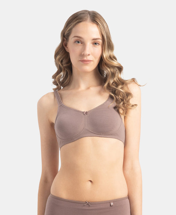 Wirefree Non Padded Super Combed Cotton Elastane Stretch Full Coverage Everyday Bra with Contoured Shaper Panel and Adjustable Straps - Deep Taupe