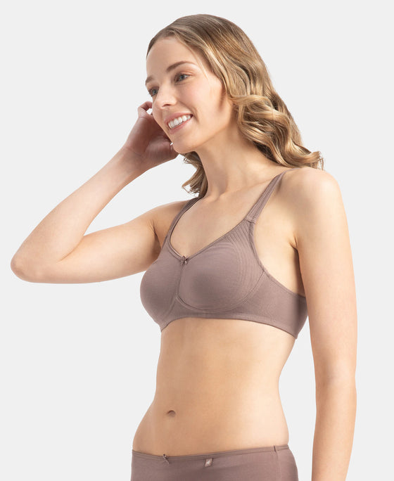 Wirefree Non Padded Super Combed Cotton Elastane Stretch Full Coverage Everyday Bra with Contoured Shaper Panel and Adjustable Straps - Deep Taupe