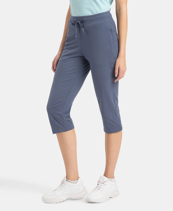 Super Combed Cotton Elastane Stretch Slim Fit Capri with Side Pockets - Mirage Blue