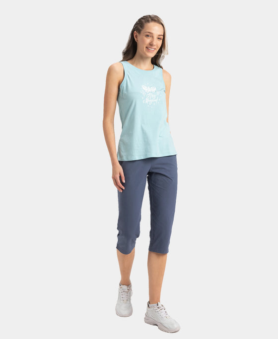 Super Combed Cotton Elastane Stretch Slim Fit Capri with Side Pockets - Mirage Blue