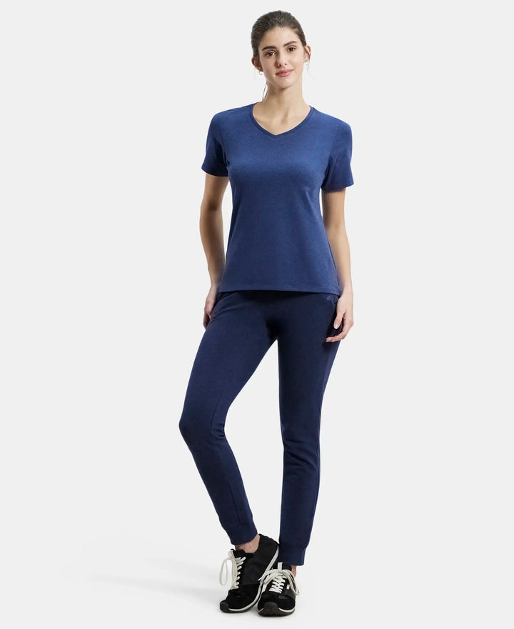 Super Combed Cotton Elastane French Terry Relaxed Fit Joggers With Zipper Pockets - Ink Blue Melange
