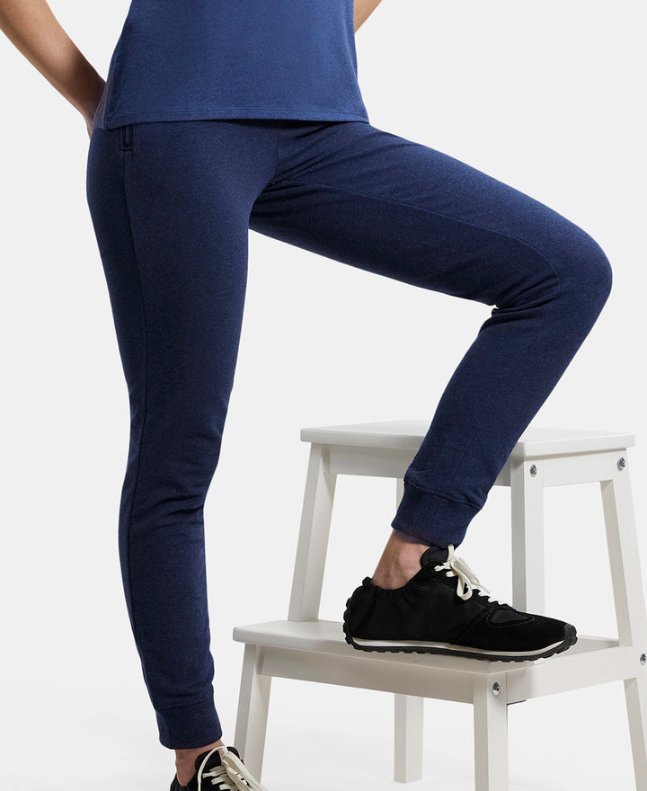 Super Combed Cotton Elastane French Terry Relaxed Fit Joggers With Zipper Pockets - Ink Blue Melange