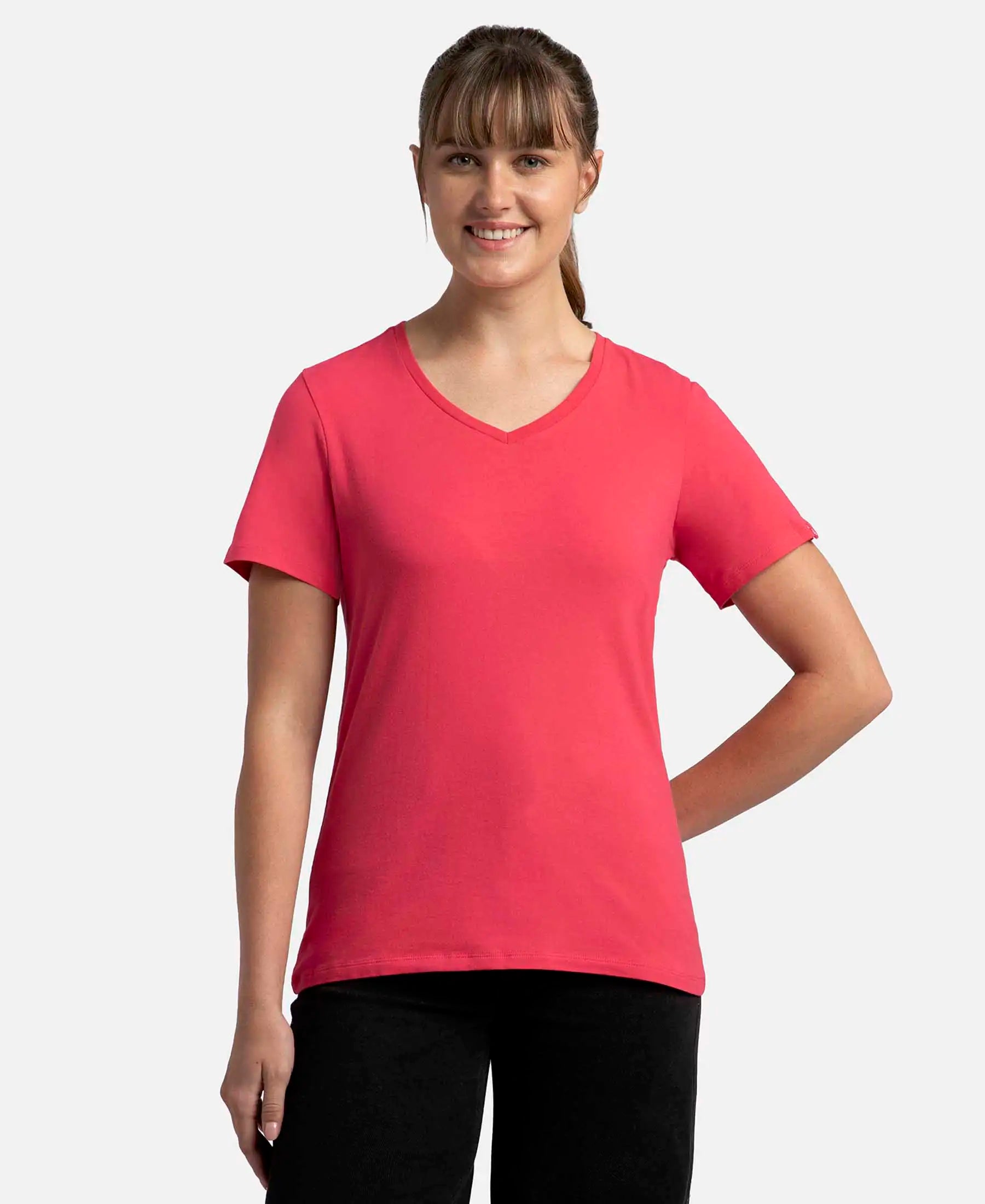 Buy Super Combed Cotton Elastane Regular Fit Solid V Neck Half Sleeve T-Shirt Ruby 1359 Jockey India