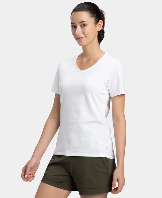 Super Combed Cotton Elastane Stretch Regular Fit Solid V Neck Half Sleeve T-Shirt - White
