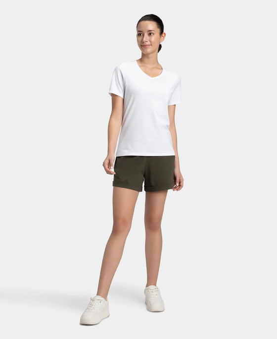 Super Combed Cotton Elastane Stretch Regular Fit Solid V Neck Half Sleeve T-Shirt - White