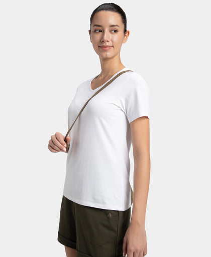 Super Combed Cotton Elastane Stretch Regular Fit Solid V Neck Half Sleeve T-Shirt - White