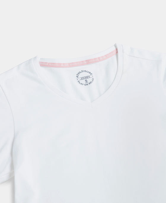 Super Combed Cotton Elastane Stretch Regular Fit Solid V Neck Half Sleeve T-Shirt - White