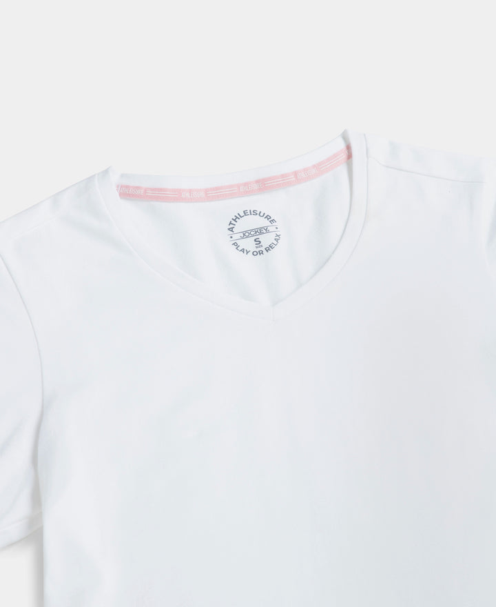 Super Combed Cotton Elastane Stretch Regular Fit Solid V Neck Half Sleeve T-Shirt - White