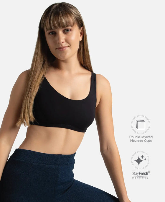 Super Combed Cotton Elastane Stretch Slip On Lounge Bra With StayFresh Treatment - Black