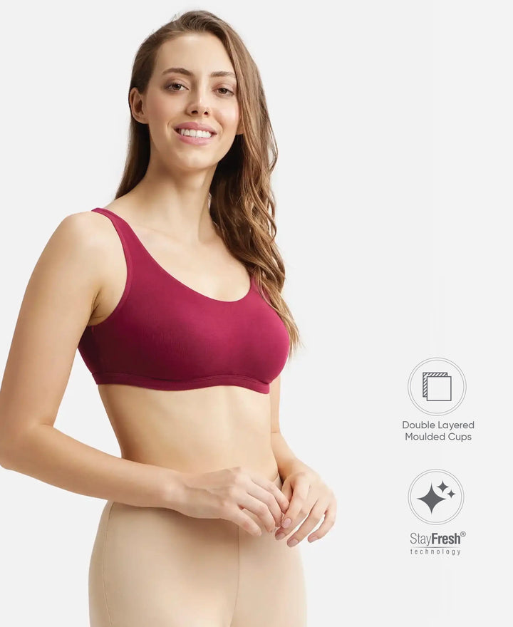 Super Combed Cotton Elastane Stretch Slip On Lounge Bra With StayFresh Treatment - Beet Red