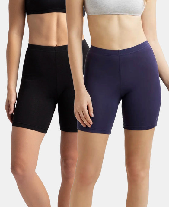 High Coverage Super Combed Cotton Elastane Stretch Shorties With Concealed Waistband - Black & Classic Navy (Pack of 2)