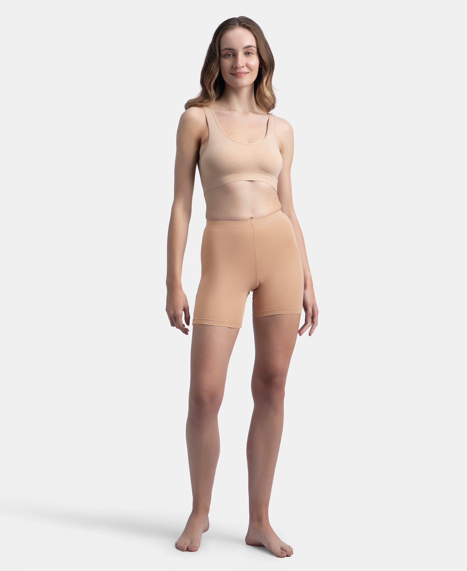 High Coverage Super Combed Cotton Elastane Stretch Shorties With Concealed Waistband - Almondine