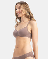Wirefree Padded Super Combed Cotton Elastane Stretch Medium Coverage T-Shirt Bra with Lace Styling - Deep Taupe
