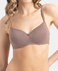 Wirefree Padded Super Combed Cotton Elastane Stretch Medium Coverage T-Shirt Bra with Lace Styling - Deep Taupe
