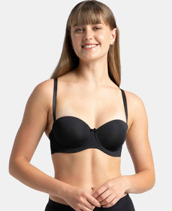 Under-Wired Padded Soft Touch Microfiber Elastane Stretch Full Coverage Strapless Bra with Ultra-Grip Support Band - Black Under-Wired Padded Soft Touch Microfiber Elastane Stretch Full Coverage Strapless Bra with Ultra-Grip Support Band - Black