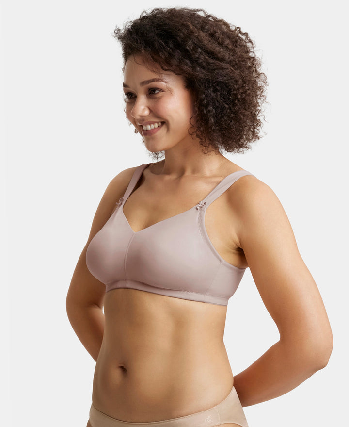 Wirefree Non Padded Soft Touch Microfiber Elastane Stretch Full Coverage Minimizer Bra with Broad Cushioned Fabric Strap - Mocha