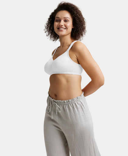 Wirefree Non Padded Soft Touch Microfiber Elastane Stretch Full Coverage Minimizer Bra with Broad Cushioned Fabric Strap - White