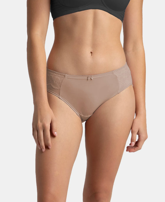 Full Coverage Soft Touch Microfiber Elastane Stretch Hipster with Lace Styling - Deep Taupe
