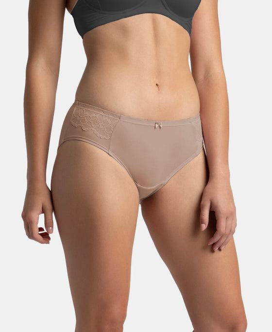 Full Coverage Soft Touch Microfiber Elastane Stretch Hipster with Lace Styling - Deep Taupe