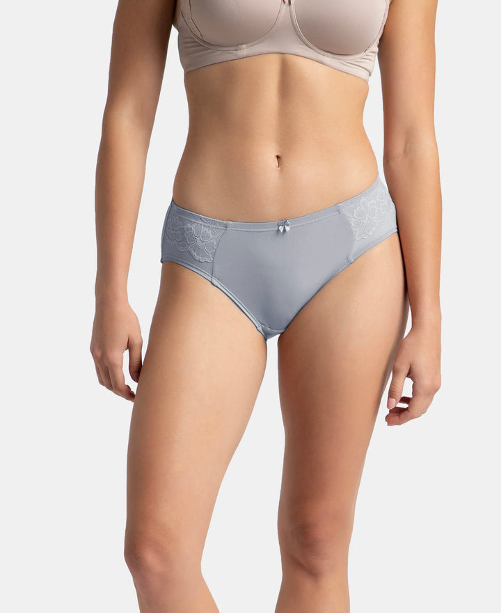 Full Coverage Soft Touch Microfiber Elastane Stretch Hipster with Lace Styling - Lilac Grey