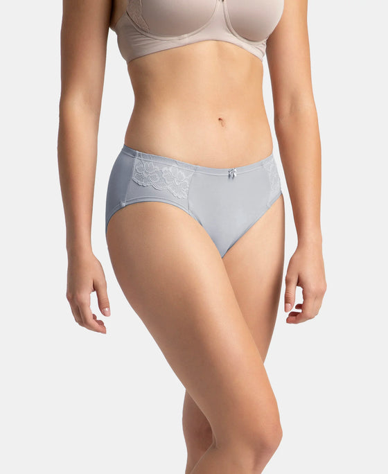 Full Coverage Soft Touch Microfiber Elastane Stretch Hipster with Lace Styling - Lilac Grey