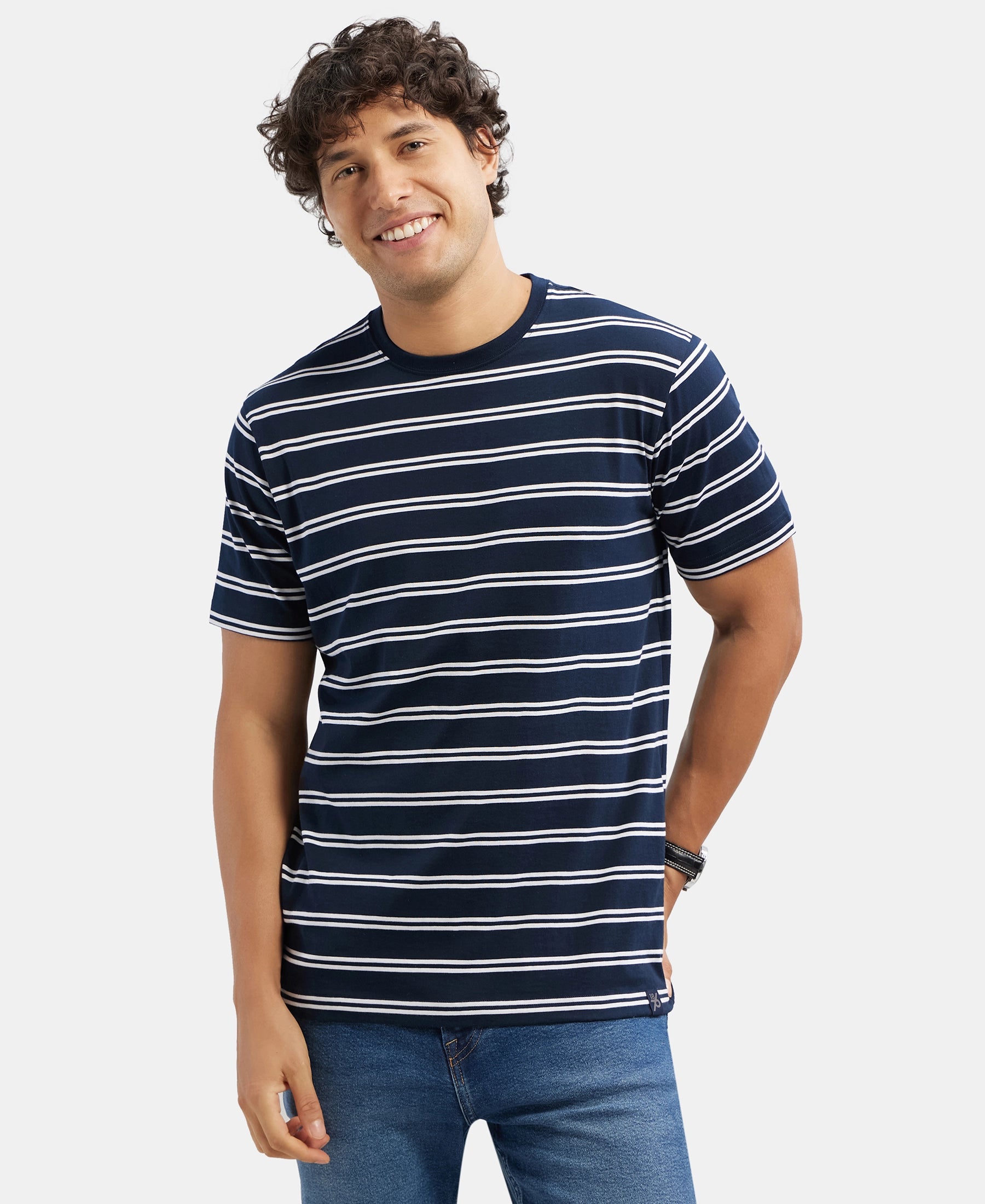 Super Combed Cotton Rich Striped Round Neck Half Sleeve T-Shirt Navy White