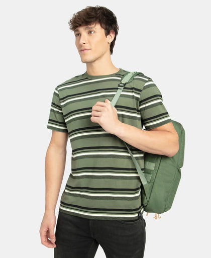 Super Combed Cotton Rich Striped Round Neck Half Sleeve T-Shirt - Thyme, Ecru & Black