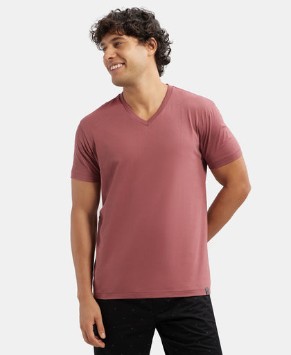 Super Combed Cotton Rich Solid V Neck Half Sleeve T-Shirt - Wild Ginger