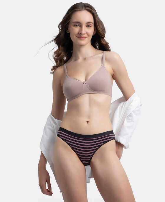 Medium Coverage Super Combed Cotton Elastane Stretch Mid Waist Bikini With Exposed Waistband and StayFresh Treatment - Black, Classic Navy & Valerian (Pack of 3)