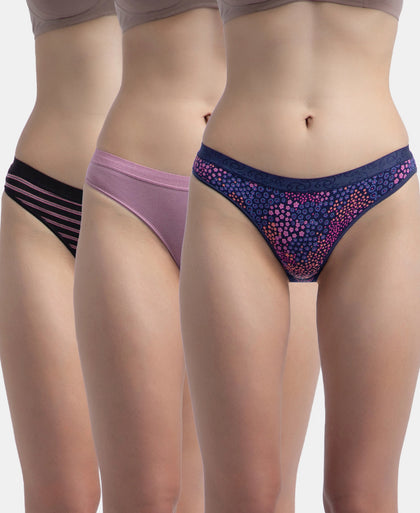 Medium Coverage Super Combed Cotton Elastane Stretch Mid Waist Bikini With Exposed Waistband and StayFresh Treatment - Black, Classic Navy & Valerian (Pack of 3)