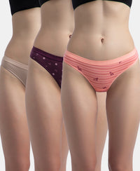 Medium Coverage Super Combed Cotton Elastane Stretch Mid Waist Bikini With Exposed Waistband and StayFresh Treatment - Candlelight Peach, Potent Purple & Mocha (Pack of 3)