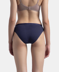 Medium Coverage Super Combed Cotton Elastane Stretch Mid Waist Bikini With Exposed Waistband and StayFresh Treatment - Valerian, Candlelight Peach & Classic Navy (Pack of 3)