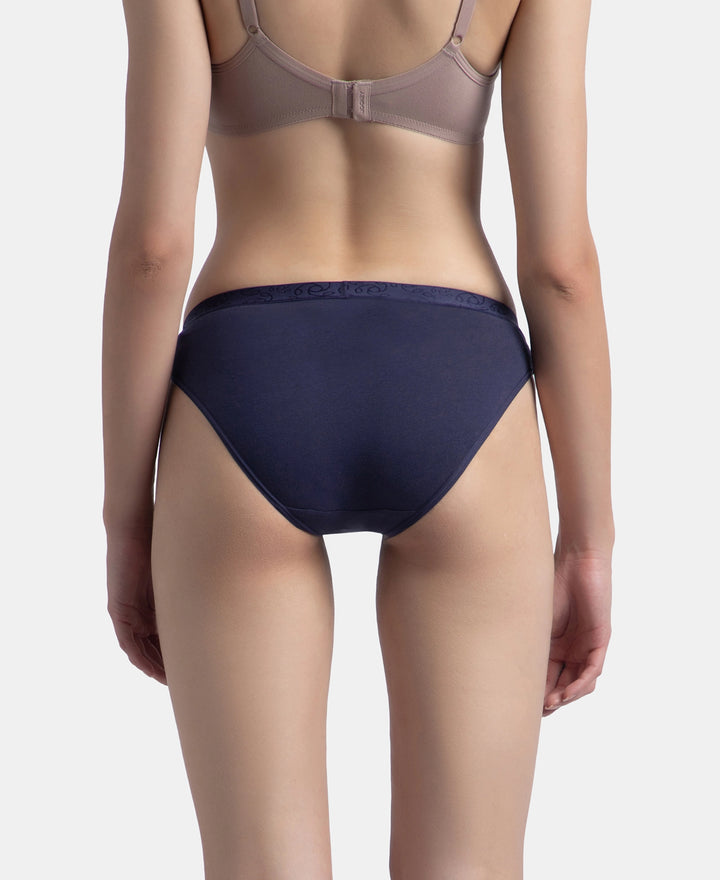 Medium Coverage Super Combed Cotton Elastane Stretch Mid Waist Bikini With Exposed Waistband and StayFresh Treatment - Valerian, Candlelight Peach & Classic Navy (Pack of 3)