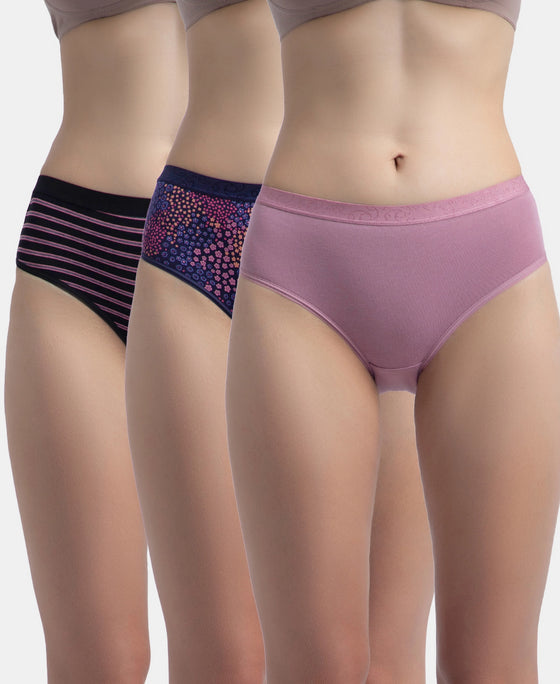 High Coverage Super Combed Cotton Elastane Stretch Mid Waist Hipster With Exposed Waistband - Black, Classic Navy & Valerian (Pack of 3)