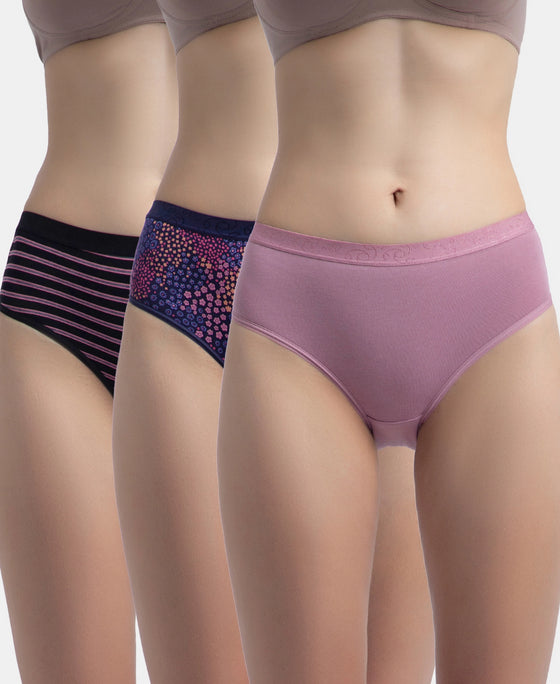 High Coverage Super Combed Cotton Elastane Stretch Mid Waist Hipster With Exposed Waistband - Black, Classic Navy & Valerian (Pack of 3)