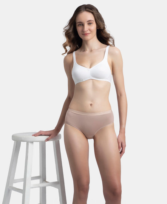 High Coverage Super Combed Cotton Elastane Stretch Mid Waist Hipster With Exposed Waistband - Candlelight Peach, Potent Purple & Mocha (Pack of 3)