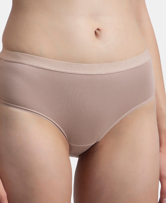High Coverage Super Combed Cotton Elastane Stretch Mid Waist Hipster With Exposed Waistband - Candlelight Peach, Potent Purple & Mocha (Pack of 3)