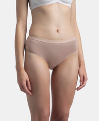 High Coverage Super Combed Cotton Elastane Stretch Mid Waist Hipster With Exposed Waistband - Candlelight Peach, Potent Purple & Mocha (Pack of 3)