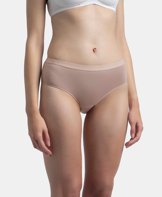 High Coverage Super Combed Cotton Elastane Stretch Mid Waist Hipster With Exposed Waistband - Candlelight Peach, Potent Purple & Mocha (Pack of 3)