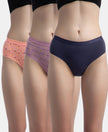 High Coverage Super Combed Cotton Elastane Stretch Mid Waist Hipster With Exposed Waistband - Valerian, Candlelight Peach & Classic Navy (Pack of 3)