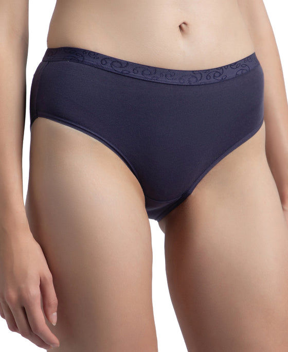 High Coverage Super Combed Cotton Elastane Stretch Mid Waist Hipster With Exposed Waistband - Valerian, Candlelight Peach & Classic Navy (Pack of 3)