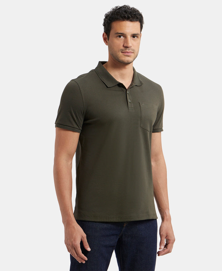 Super Combed Cotton Rich Solid Half Sleeve Polo T-Shirt with Chest Pocket - Olive