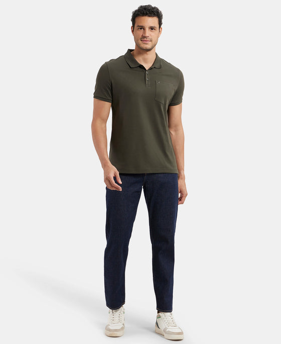 Super Combed Cotton Rich Solid Half Sleeve Polo T-Shirt with Chest Pocket - Olive