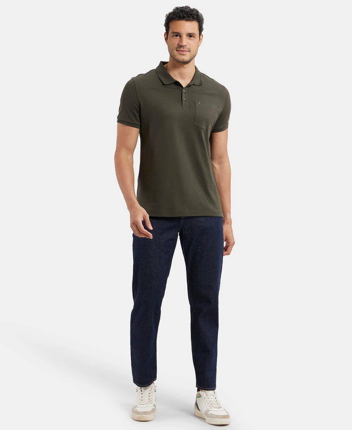 Super Combed Cotton Rich Solid Half Sleeve Polo T-Shirt with Chest Pocket - Olive