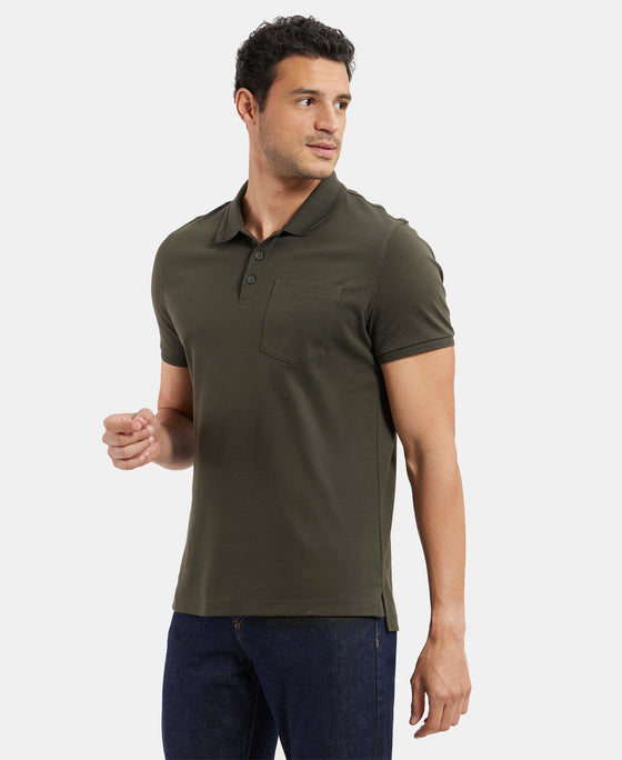 Super Combed Cotton Rich Solid Half Sleeve Polo T-Shirt with Chest Pocket - Olive