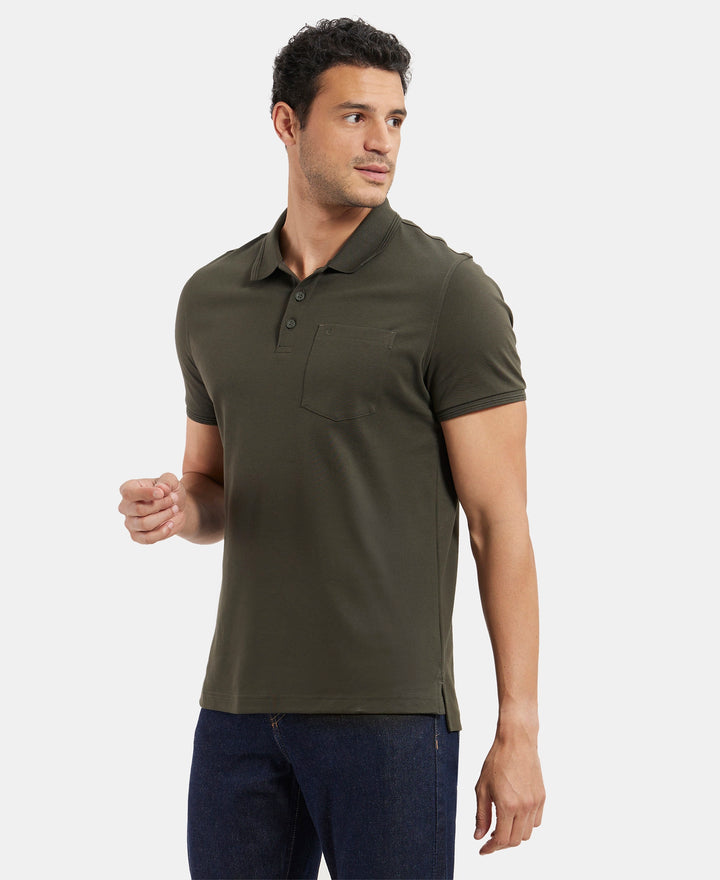 Super Combed Cotton Rich Solid Half Sleeve Polo T-Shirt with Chest Pocket - Olive