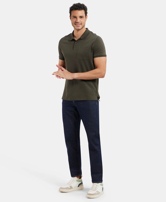 Super Combed Cotton Rich Solid Half Sleeve Polo T-Shirt with Chest Pocket - Olive